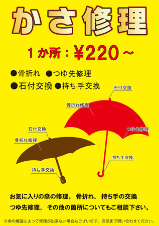 傘修理可能箇所図解解説
骨折れ・つゆ先交換・石突交換・持ち手交換